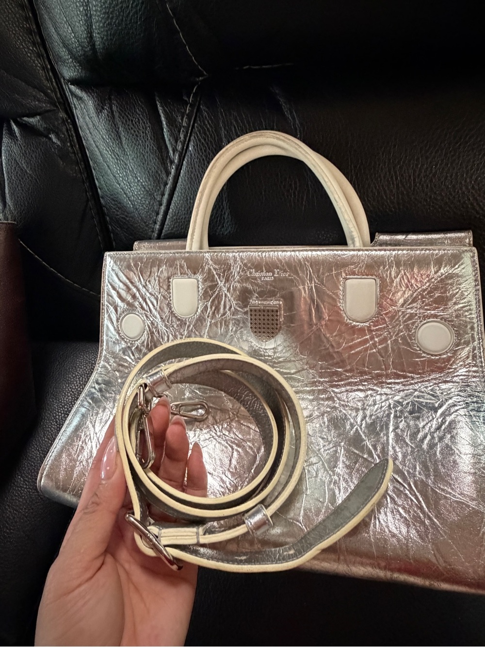 Dior Metallic Silver Crinkled Leather Satchel - Picture 8 of 8